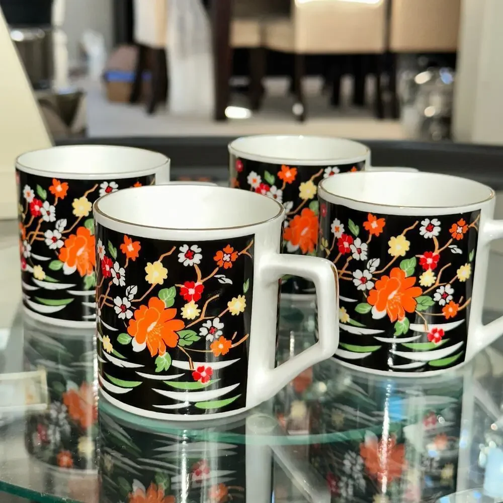 Set of 4 Bone China Mugs – Black Floral Japan-Inspired Pattern – Vintage
